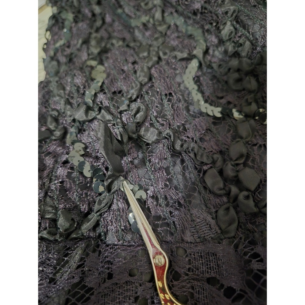 Vintage Black Purple Lace Sequin Ribbon Rosette Evening Gown Tea Length Dress - Picture 5 of 12